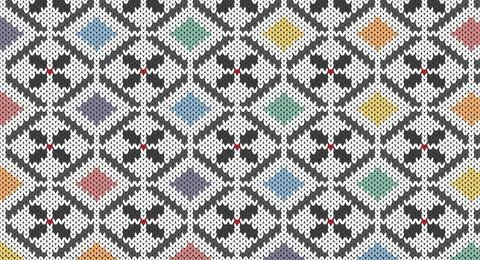 Rainbow geometric and grey flower on white knitted pattern, Festive Sweater.. Stock Illustration