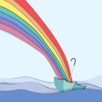 Rainbow go direct to umbrella floating in the river,  paper cutting style Stock Illustration