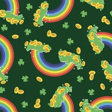 Rainbow with gold coins seamless pattern. 스톡 일러스트