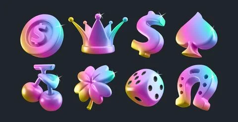 Rainbow gradient 3d casino icon set Stock Illustration