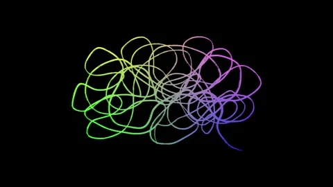 Rainbow gradient brain doodle tangled scribble on black background, loop Stock Footage 339920648