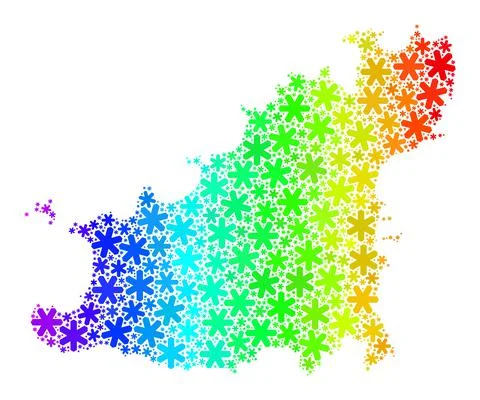 Rainbow Gradient Fresh Collage Guernsey Island Map with Snowflakes Stock Illustration