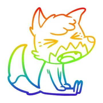 Rainbow gradient line drawing angry cartoon fox sitting Illustrazione stock