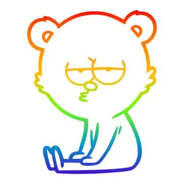 Rainbow gradient line drawing bored polar bear cartoon sitting Stock Illustration