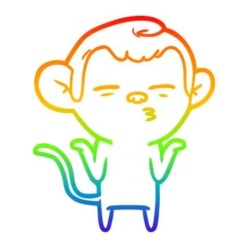 Rainbow gradient line drawing cartoon suspicious monkey Stock Illustration