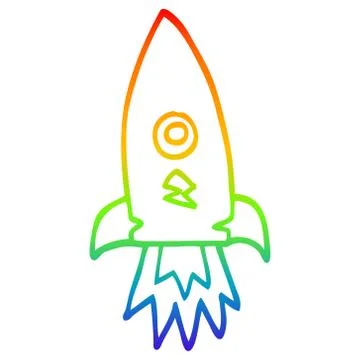 Rainbow gradient line drawing cartoon space rocket Stock Illustration