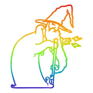 Rainbow gradient line drawing cartoon wizard Ilustração Stock