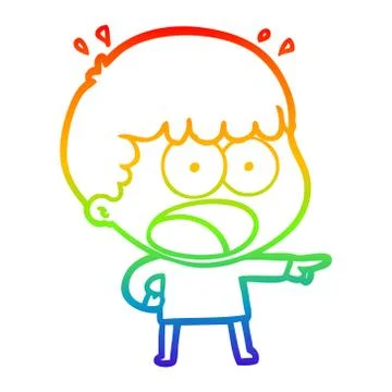 Rainbow gradient line drawing cartoon shocked man pointing Stock Illustration