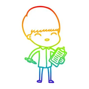 Rainbow gradient line drawing cartoon boy taking notes Stock Illustration