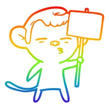 Rainbow gradient line drawing cartoon suspicious monkey with signpost Stock Illustration