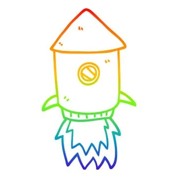Rainbow gradient line drawing cartoon space rocket Stock Illustration