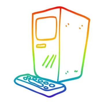 Rainbow gradient line drawing cartoon computer and keyboard Stock Illustration