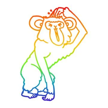 Rainbow gradient line drawing cartoon chimp scratching head Illustrazione stock