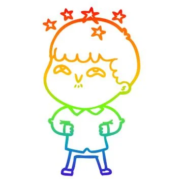 Rainbow gradient line drawing cartoon amazed boy Stock Illustration