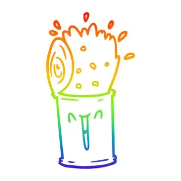 Rainbow gradient line drawing cartoon happy exploding soup can Illustrazione stock