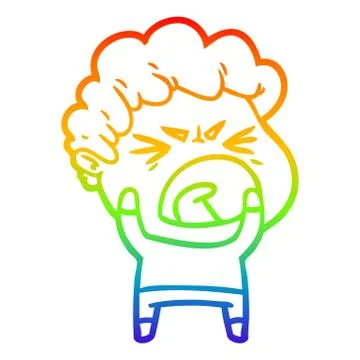 Rainbow gradient line drawing cartoon furious man Stock Illustration