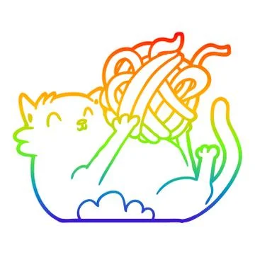 Rainbow gradient line drawing cartoon cat playing with ball of string Stock Illustration