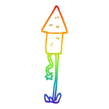Rainbow gradient line drawing cartoon firework rocket Stock Illustration