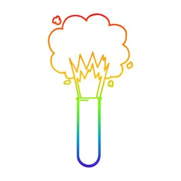 Rainbow gradient line drawing cartoon exploding chemicals in test tube Stock Illustration