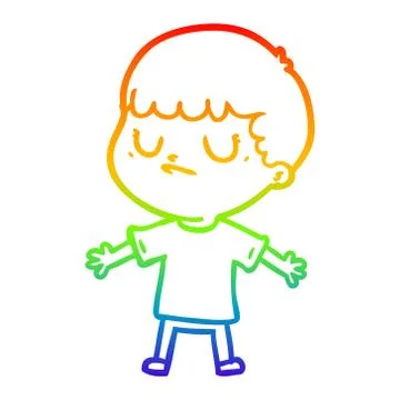 Rainbow gradient line drawing cartoon grumpy boy Stock Illustration