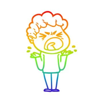Rainbow gradient line drawing cartoon furious man Stock Illustration