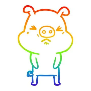 Rainbow gradient line drawing cartoon grumpy pig Stock Illustration