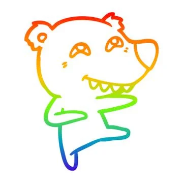 Rainbow gradient line drawing cartoon bear showing teeth while dancing Stock Illustration