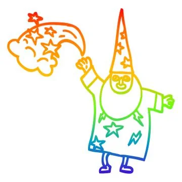Rainbow gradient line drawing cartoon wizard casting spell Ilustração Stock