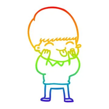Rainbow gradient line drawing cartoon boy blowing raspberry Stock Illustration