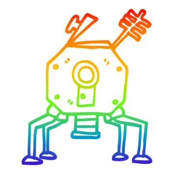 Rainbow gradient line drawing cartoon space rocket Stock Illustration