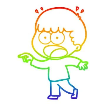 Rainbow gradient line drawing cartoon shocked man pointing Stock Illustration