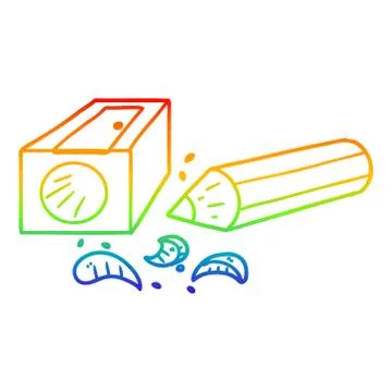 Rainbow gradient line drawing cartoon pencil and sharpener Stock Illustration