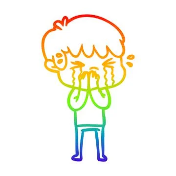 Rainbow gradient line drawing cartoon boy crying Stock Illustration