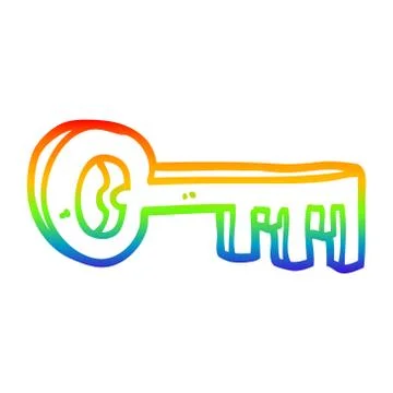 Rainbow gradient line drawing cartoon gold key Stock Illustration