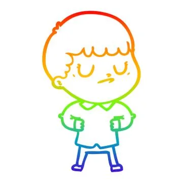 Rainbow gradient line drawing cartoon grumpy boy Stock Illustration