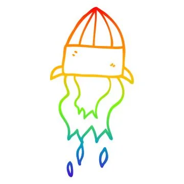 Rainbow gradient line drawing cartoon rocket launch Stock Illustration