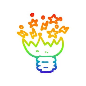 Rainbow gradient line drawing cartoon exploding light bulb Stock Illustration