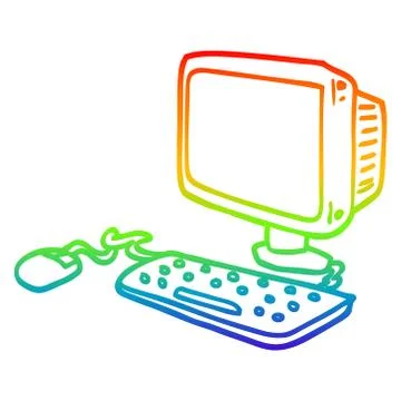 Rainbow gradient line drawing cartoon office computer Stock Illustration