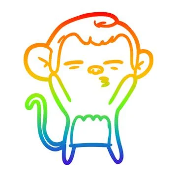 Rainbow gradient line drawing cartoon suspicious monkey Stock Illustration