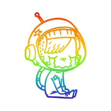 Rainbow gradient line drawing cartoon crying astronaut girl sitting Stock Illustration