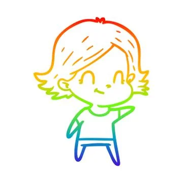 Rainbow gradient line drawing cartoon friendly girl Stock Illustration