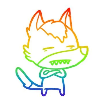 Rainbow gradient line drawing cartoon wolf showing teeth Stock Illustration