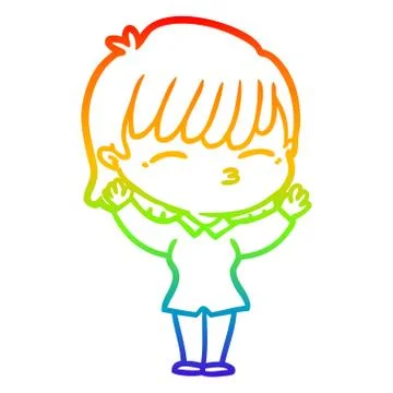 Rainbow gradient line drawing cartoon woman Stock Illustration
