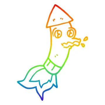 Rainbow gradient line drawing cartoon rocket Stock Illustration