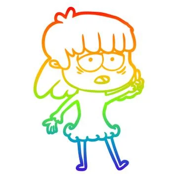 Rainbow gradient line drawing cartoon tired woman Stock Illustration