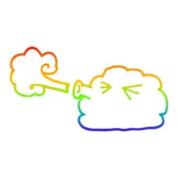 Rainbow gradient line drawing cartoon cloud blowing a gale Stock Illustration
