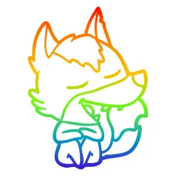 Rainbow gradient line drawing cartoon wolf sitting laughing 스톡 일러스트