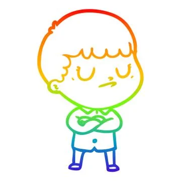 Rainbow gradient line drawing cartoon grumpy boy Stock Illustration