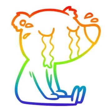 Rainbow gradient line drawing cartoon crying sitting polar bear Stock Illustration