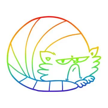 Rainbow gradient line drawing cartoon grumpy cat Illustrazione stock